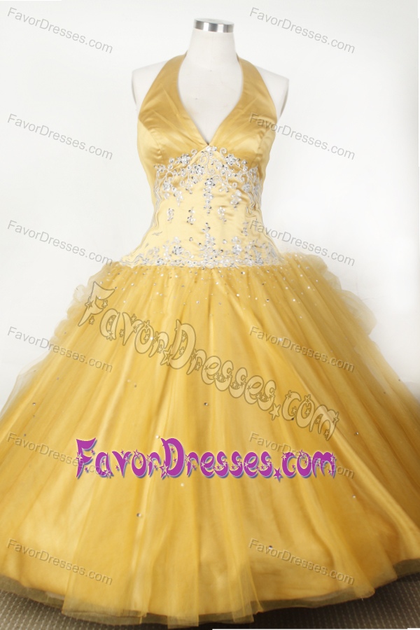 Appliques and Beading Beauty Pageant Dresses with Gold Halter Top for Cheap