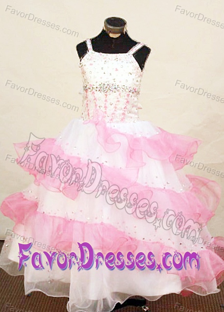 2013 Pretty Pink and White Little Girl Pageant Dress Beaded With Ruffled Layers