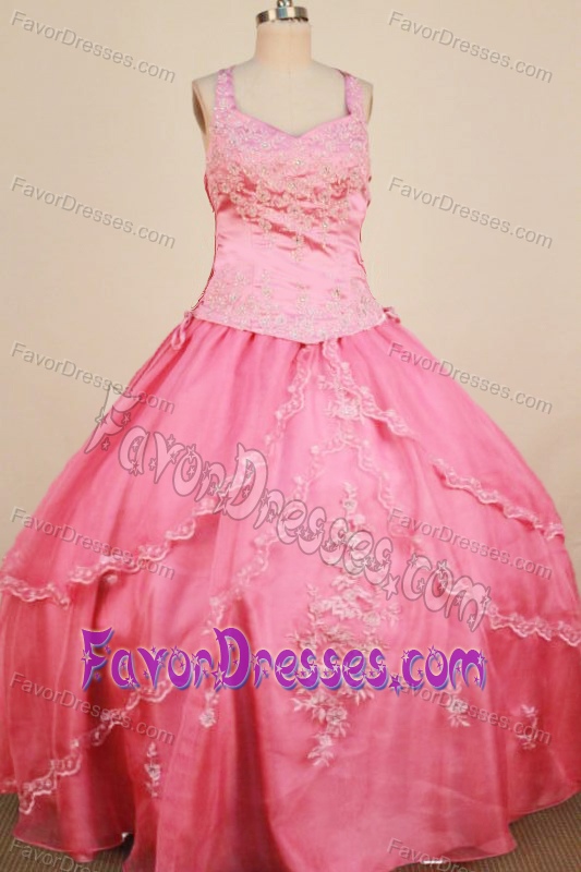 Cute Straps Rose Pink Layered Organza Pageant Dresses for Kids with Appliques