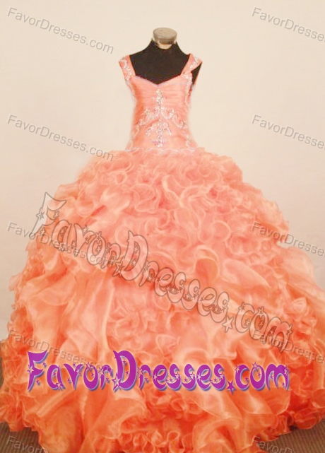 Orange Straps Ball Gown Pageant Dresses for Kids with Ruffles and Appliques