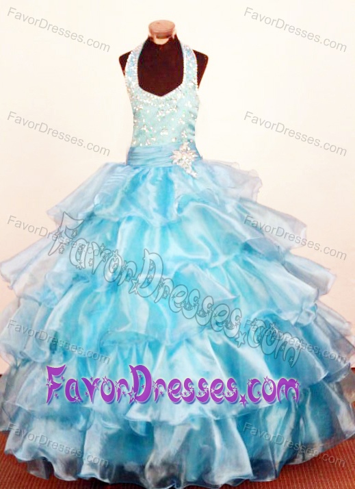Halter Ball Gown Blue Organza Little Girls Pageant Dress with Ruffles and Beading