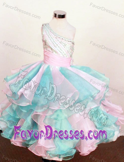 One Shoulder Multi-colored Organza Beaded Girls Pageant Dresses with Ruffles