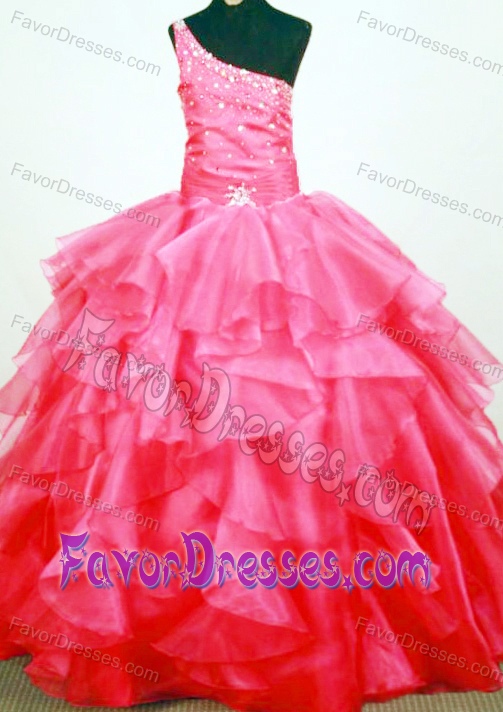 Chic One Shoulder Ball Gown Pink Beaded Little Girls Pageant Dress with Ruffles