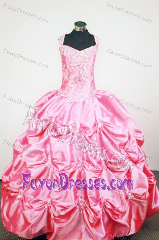 Rose Pink Straps Taffeta Flower Girl Pageant Dress with Pick-ups and Appliques
