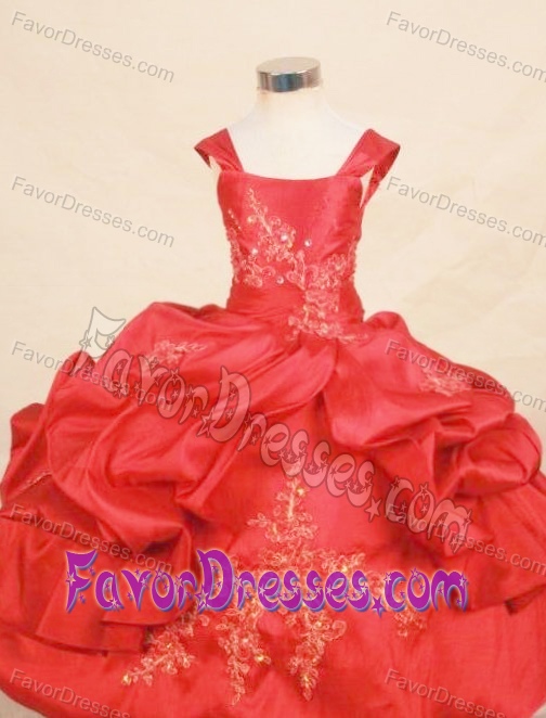 Red Straps Ball Gown Pageant Dress for Little Girls with Pick-ups and Appliques