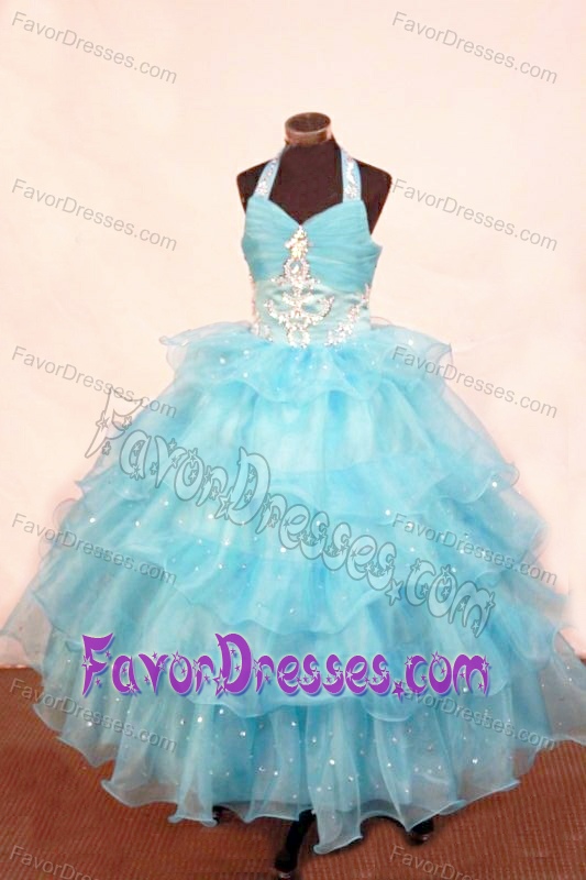 Cute Baby Blue Ball Gown Halter Layered Little Girl Pageant Dress with Beading