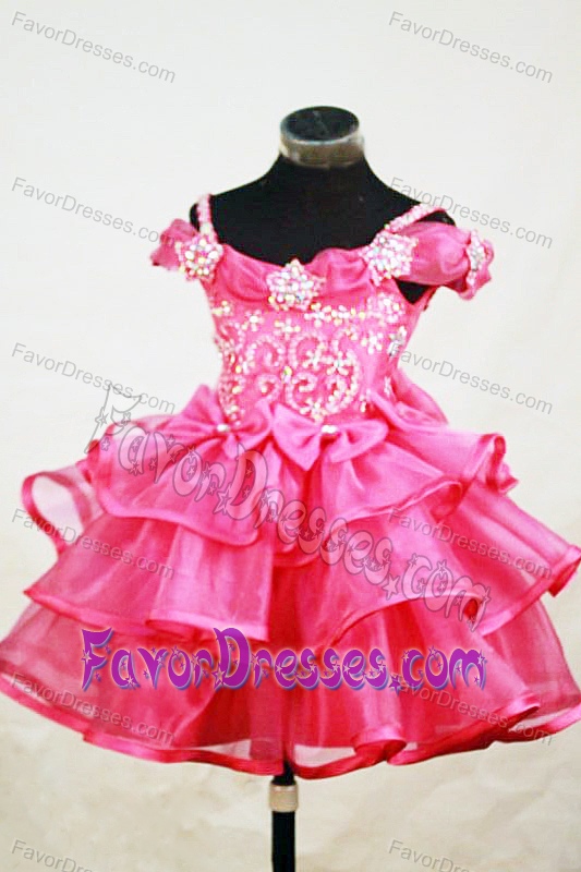 Off-The-Shoulder Beaded Layered Hot Pink Little Girl Pageant Dresses with Bows