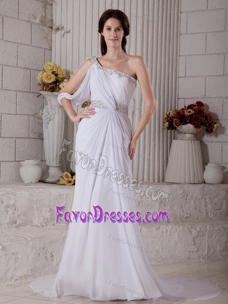 Dramatic Column One Shoulder Chiffon Wedding Gowns with Court Train