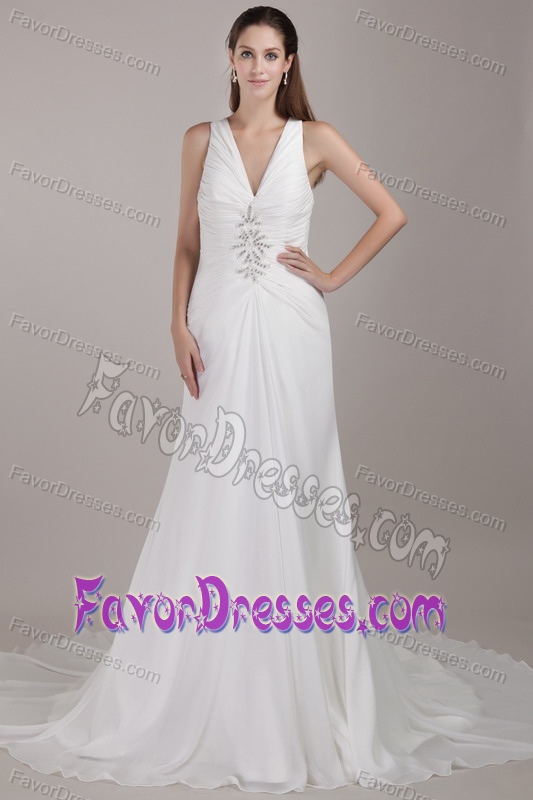 Beautiful White V-neck Chiffon Appliqued Wedding Dress with Chapel Train