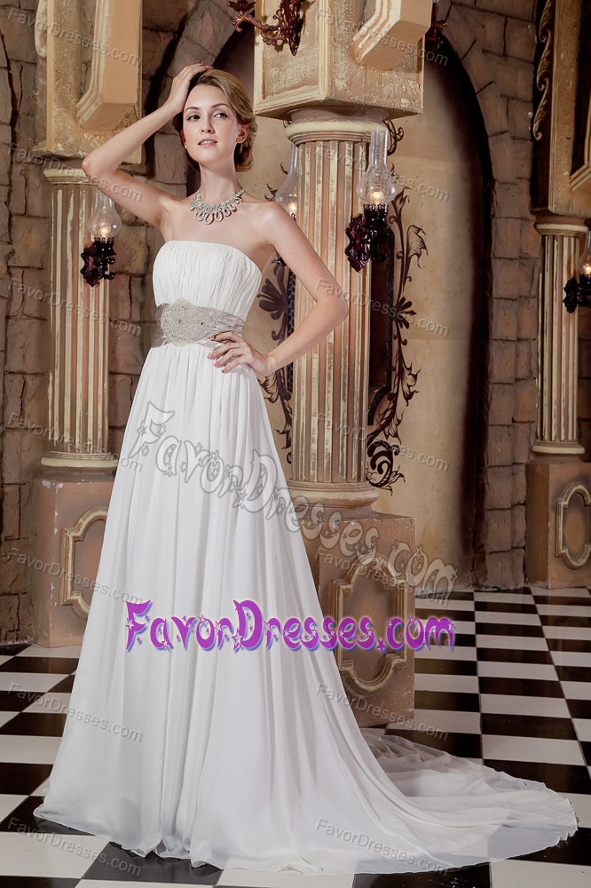 Elegant Strapless Chiffon Beaded Wedding Dress with Court Train for Cheap