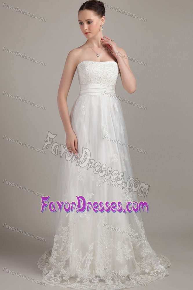 New White Column Strapless Brush Lace Wedding Gown Dresses with Appliques