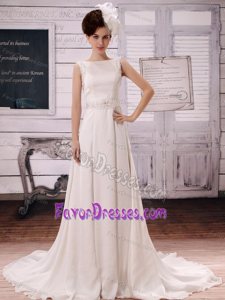 Elegant White Beaded Bateau Wedding Bridal Dress with Court Train on Promotion
