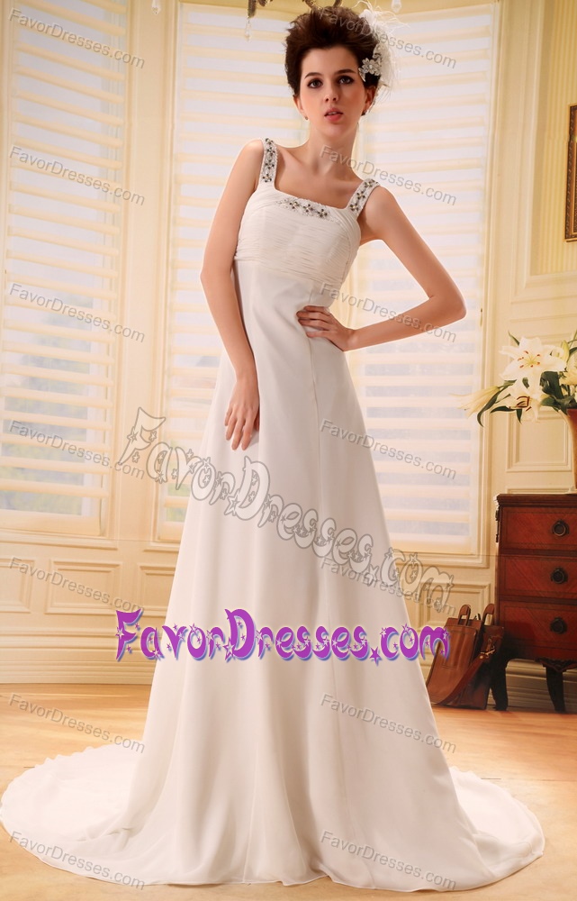 Pretty Beaded Square Chiffon Wedding Dress with Court Train for Custom Made