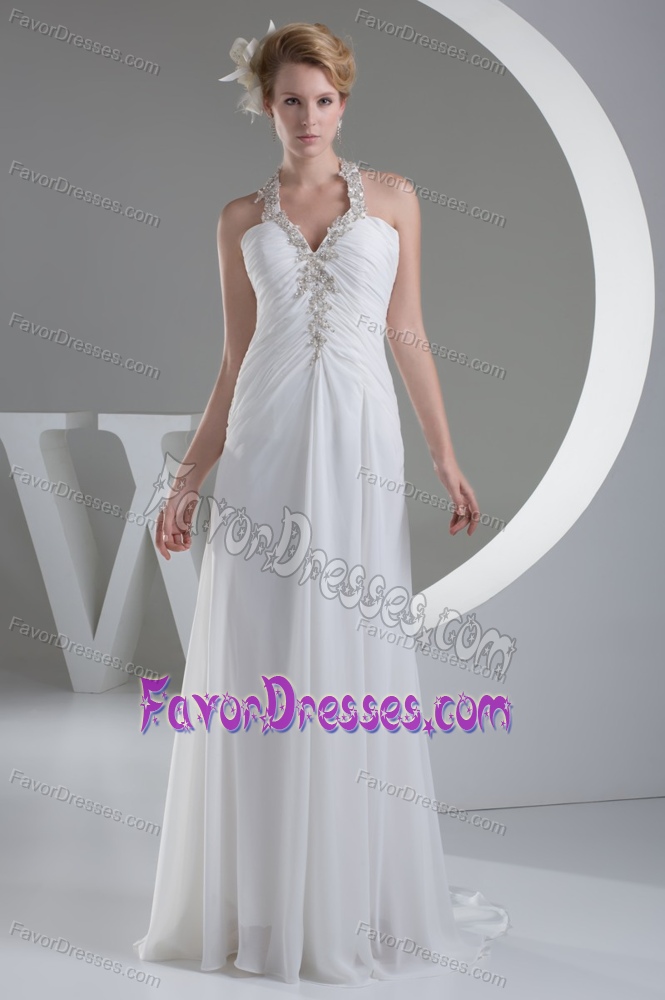 White Halter Top Ruched Wedding Dress with Appliques and Beading for Cheap