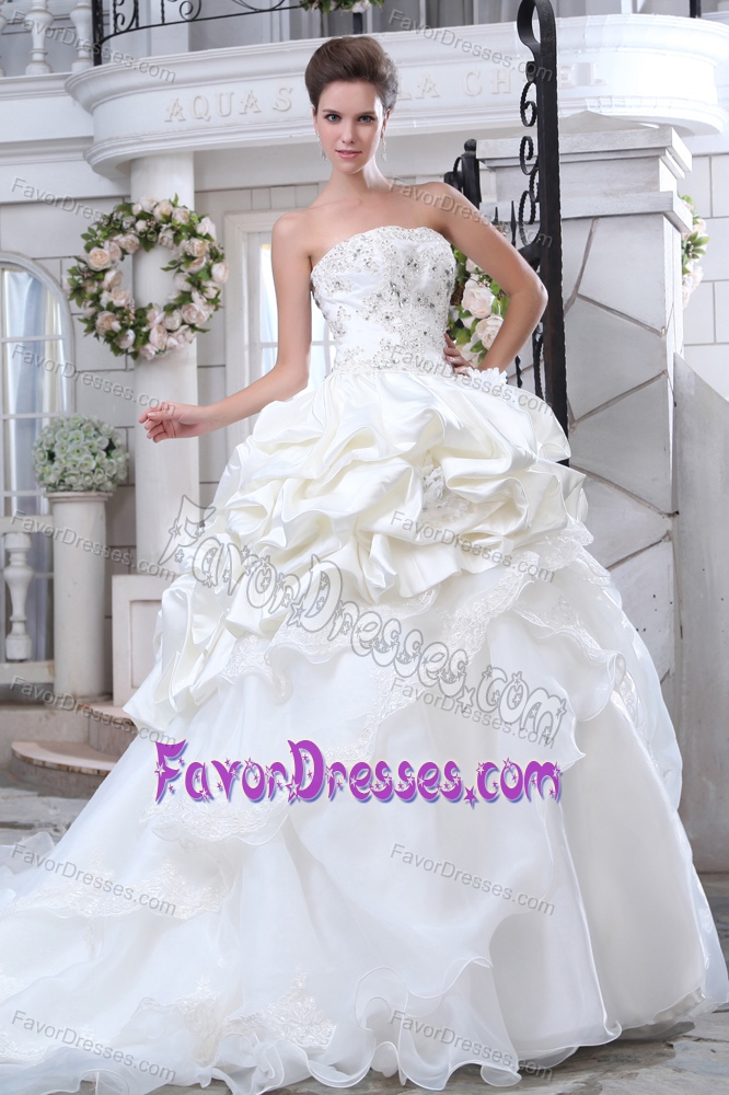 Strapless Appliqued Autumn Wedding Dress with Chapel Train in Organza