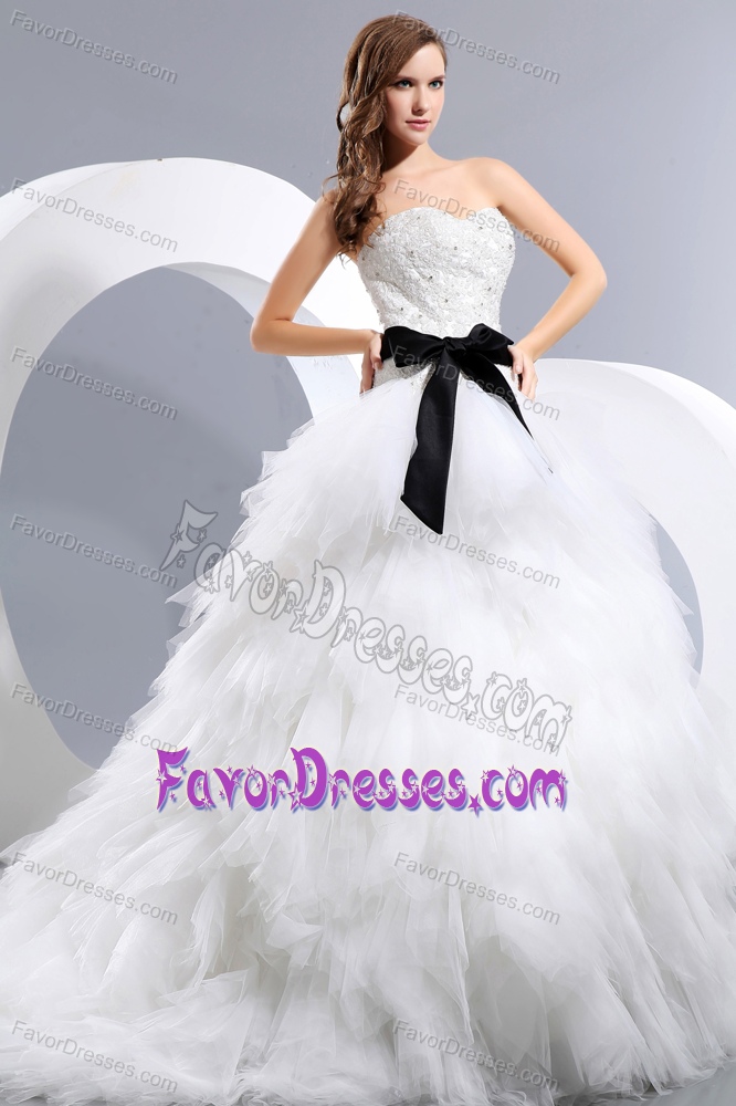 Taffeta and Tulle Sweet Appliqued Bow Wedding Dress with Chapel Train