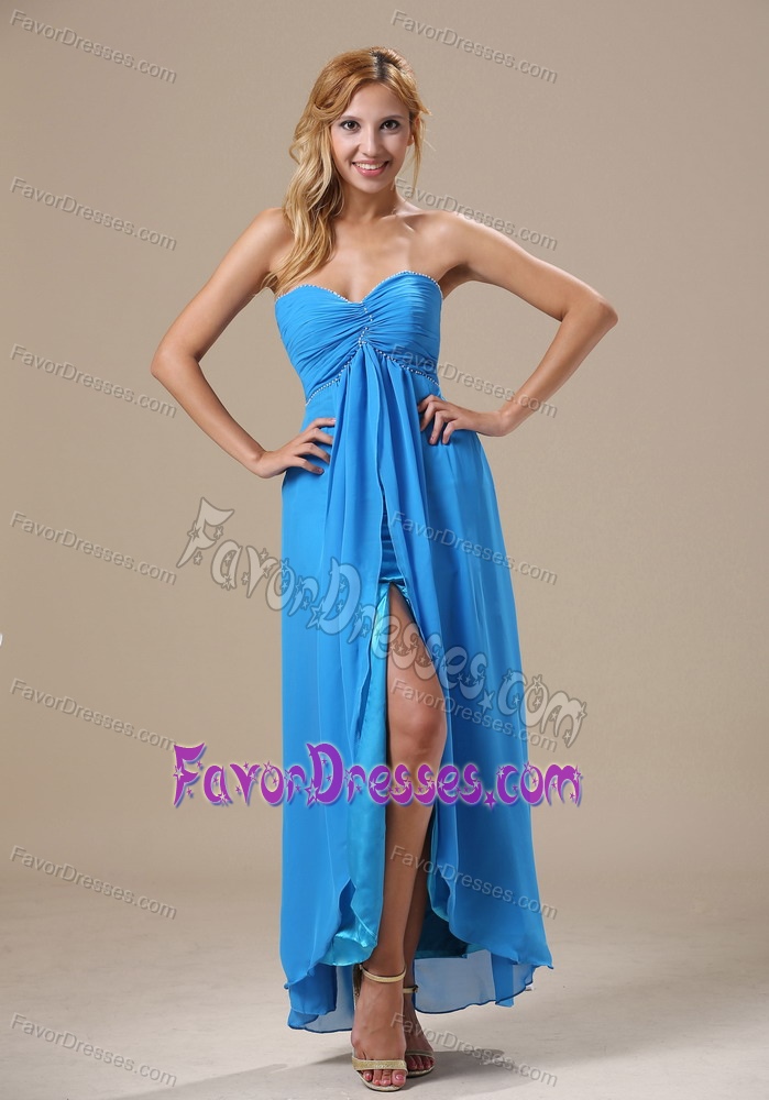 Beading and Ruching Decorated High Slit Ankle-length Blue Chiffon Maxi Dress