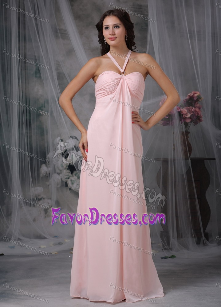 Beautiful Light Pink Empire Halter Top Chiffon Ruched Maxi Dress on Promotion