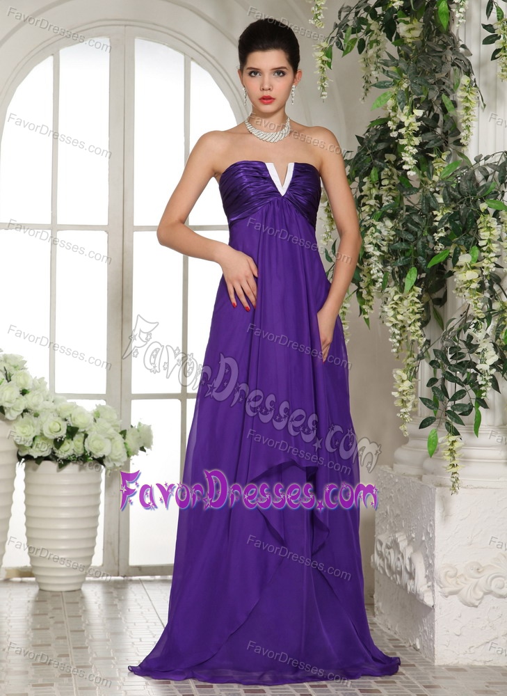 Stylish V-neck Eggplant Purple Maxi Dresses with Ruching Made in Chiffon
