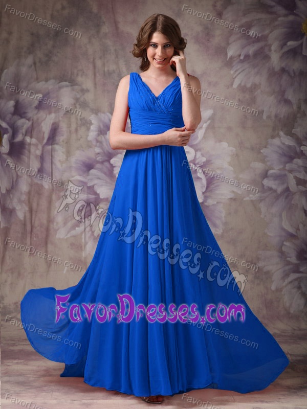 Exclusive Blue Empire V-neck Chiffon Maxi Dress with Ruching and Beading