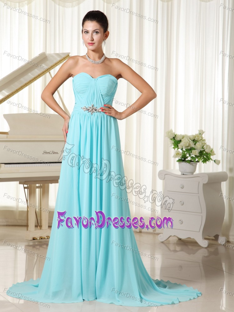 Strapless Aqua Blue Ruched Prom Maxi Dress in Chiffon with