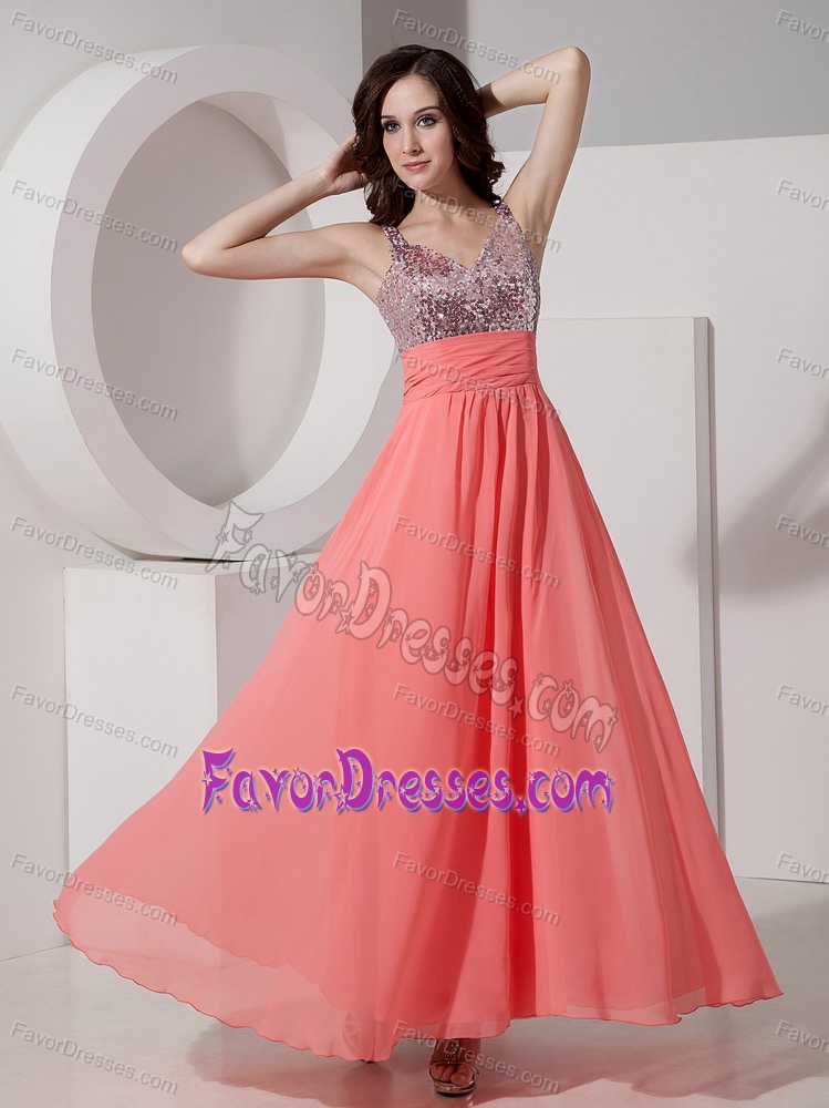 Gorgeous Watermelon Prom Maxi Dress in Chiffon with Beading for Cheap