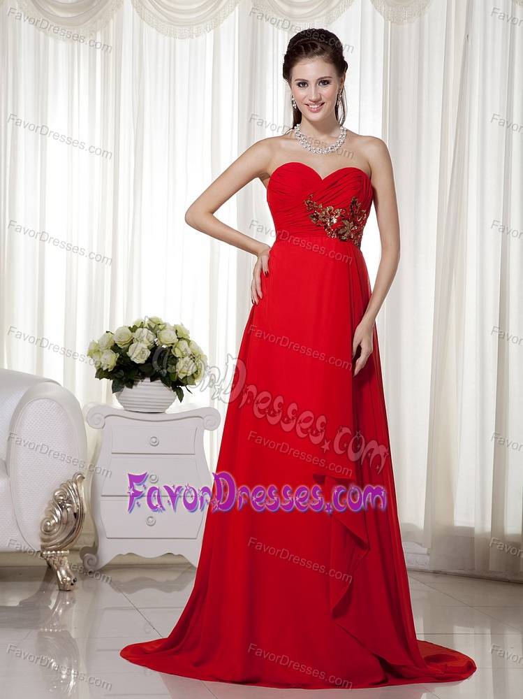 New Red Empire Sweetheart Ruched Maxi Dresses in Chiffon with Appliques