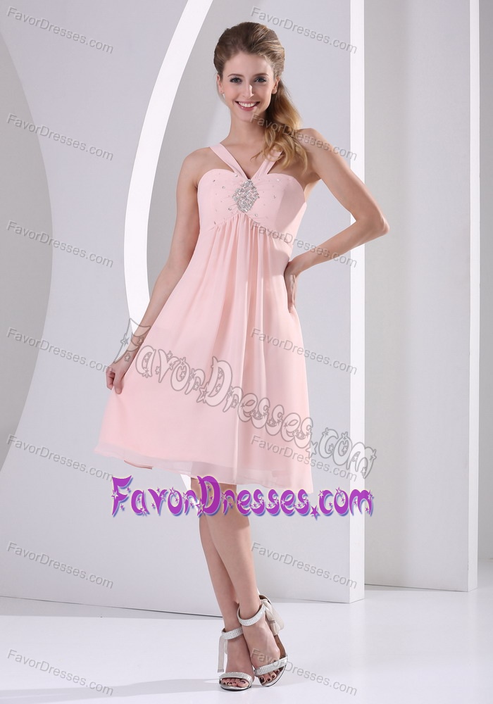 Baby Pink V-neck Short Prom Maxi Dresses with Beading Made in Chiffon