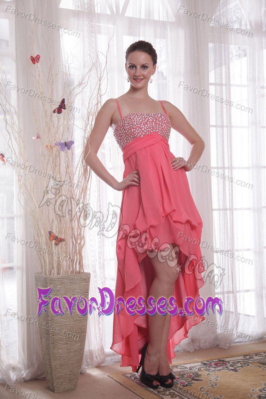 Watermelon Empire High-low Chiffon Prom Maxi Dress with Shining Beading