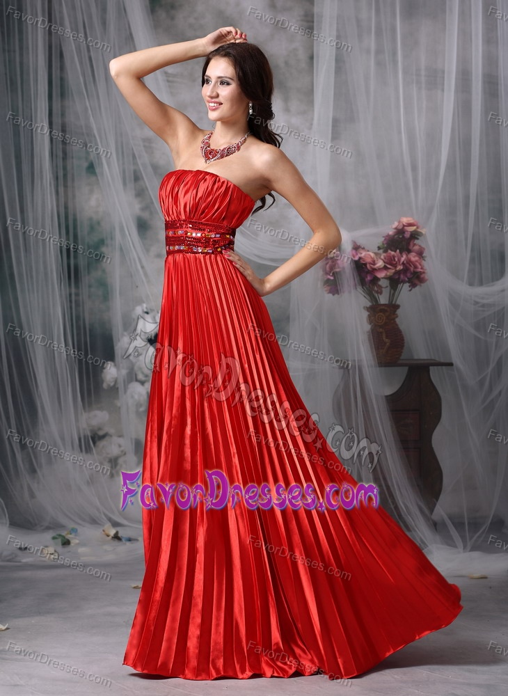 New Luxurious Red Column Strapless Beaded Prom Maxi Dress with Pleats