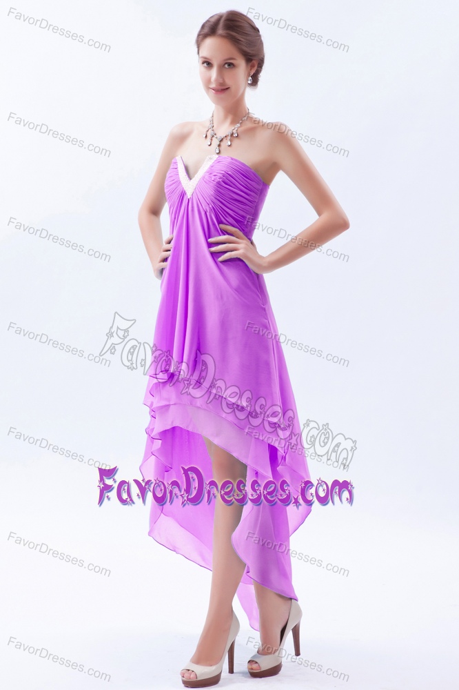 Lavender V-neck High-low Prom Maxi Dress in Chiffon with Ruching