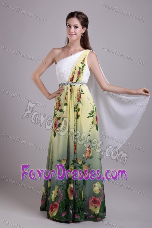 Exquisite Empire Single Shoulder Beaded Maxi Dresses with Floral Printing