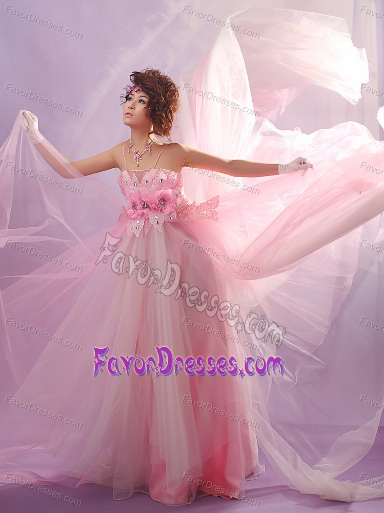 Luxurious Baby Pink Spaghetti Straps Prom Maxi Dress with Hand Flowers