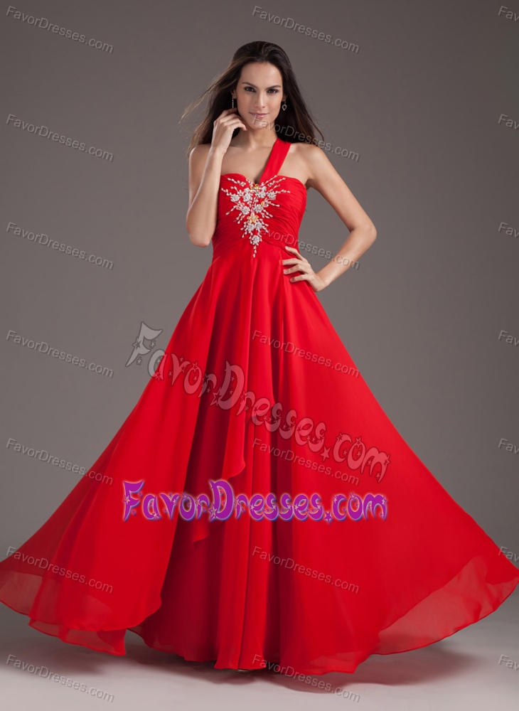 Red Empire One Shoulder Long Chiffon Maxi Dress with Beading
