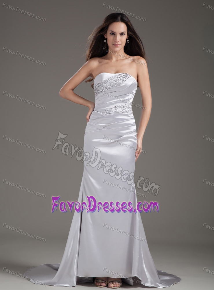 Silver Strapless Beaded Maxi Dresses in Elastic Woven Satin