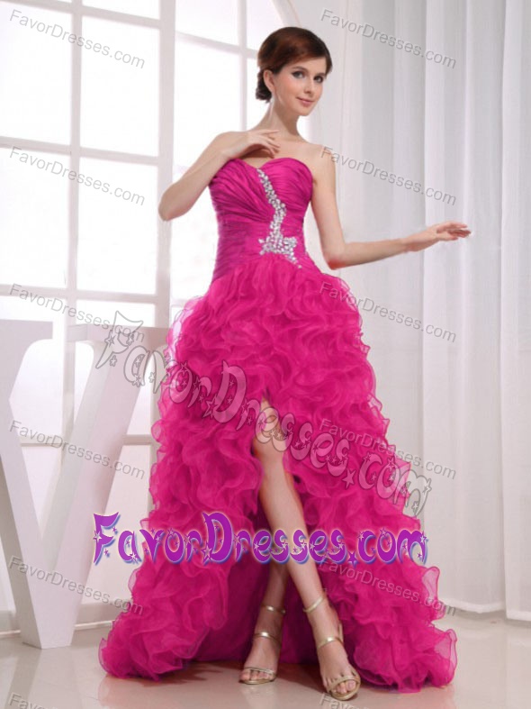 Affordable Sweetheart Hot Pink High Low Prom Outfit with Ruffles