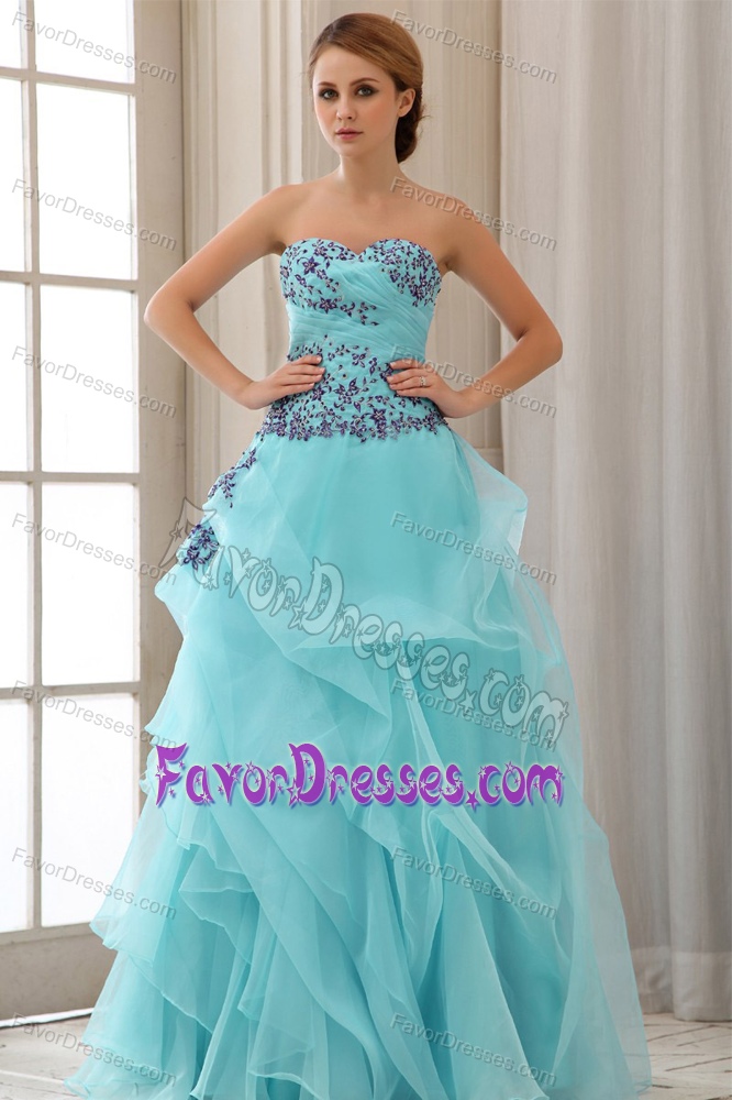 Sweet Sweetheart Appliqued and Ruched Tulle Prom Gowns in Aqua Blue