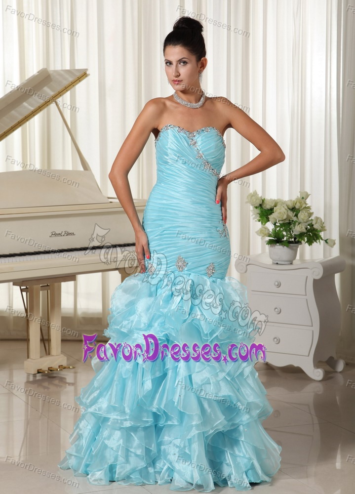 Mermaid Baby Blue Sweetheart Prom Dresses with Ruching and Ruffles