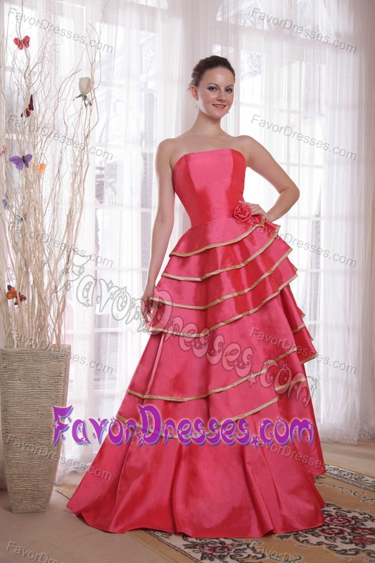 Coral Red Princess Strapless Formal Prom Dresses in Satin with Ruffles