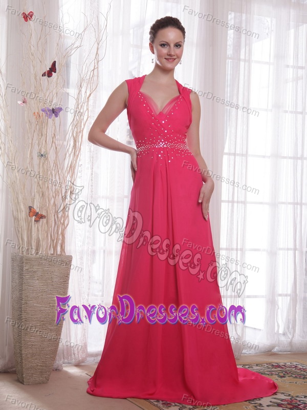 Best Coral Red Empire V-neck Beaded Dress for Prom with Sweep Train