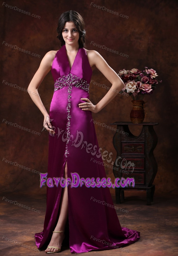 Fuchsia Halter High Slit Prom Gown with and Beading in Satin