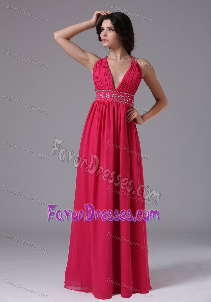 Coral Red Halter Chiffon Prom Dresses with Beading and Decorated Waist