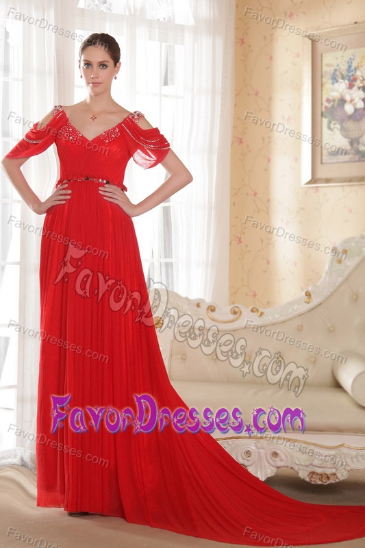 Red V-neck Chapel Train Chiffon Prom Dress for Slim Girls with Beading