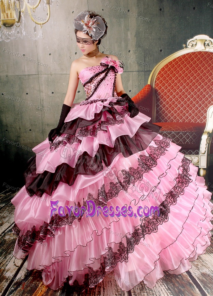 Beaded Baby Pink and Black Prom Gowns with Ruffled Layers and Flowers