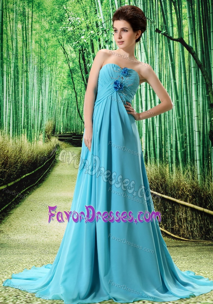 Prom Dress for Petite Girl with Hand Made Flower and Ruche in Baby Blue