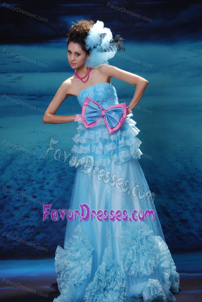 Appliqued Aqua Blue Junior Prom Dress with Bowknot and Ruffled Layers