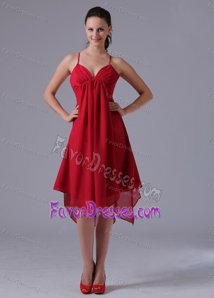 Spaghetti Straps Asymmetrical Ruched Wine Red Chiffon Maid of Honor Dress