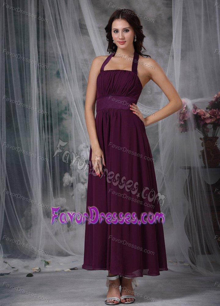 Burgundy Halter Ankle-length Ruched Chiffon Maid of Honor Dress with Sash