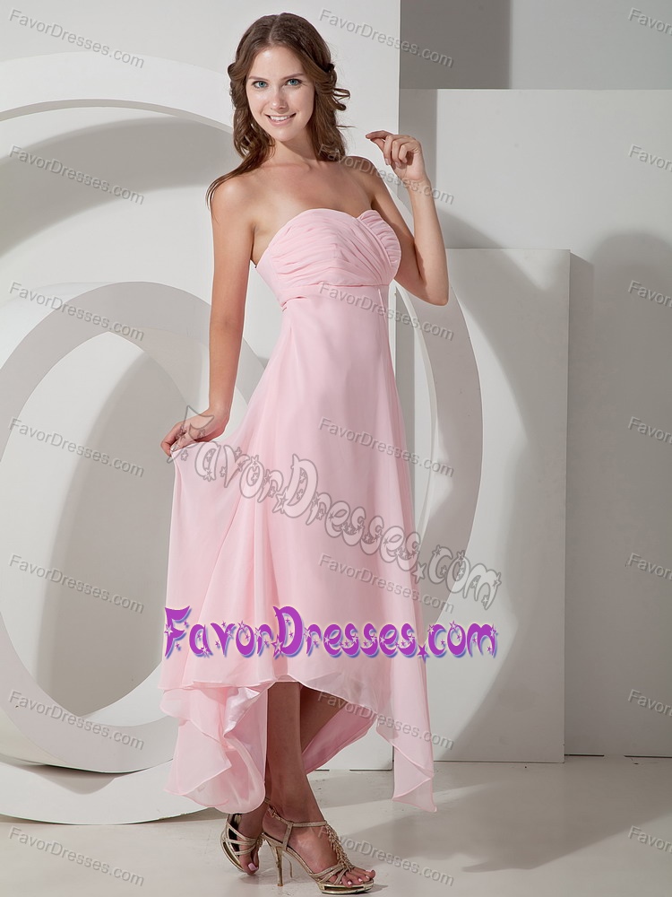 Sweetheart High-Low Baby Pink Ruched Chiffon Maternity Bridesmaid Dresses