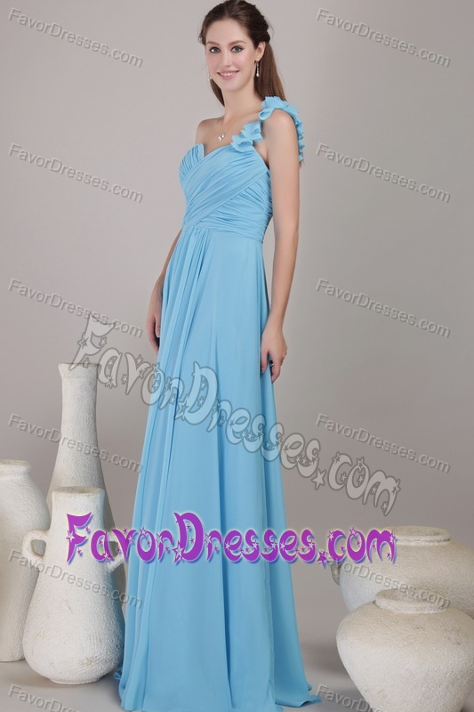 New One Shoulder Long Aqua Blue Ruched Bridesmaid Dress with Flowers